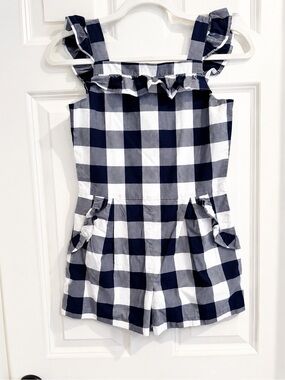 NWT Janie and Jack Girls Navy Gingham Romper Size 10 Ruffle Straps Pocket Summer